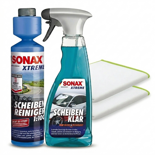 SONAX Sommer-Scheibenpflege-Set (Reiniger-Konzentrat 250ml + Scheibenpflege-Spray 500ml + 2x Microfasertücher)