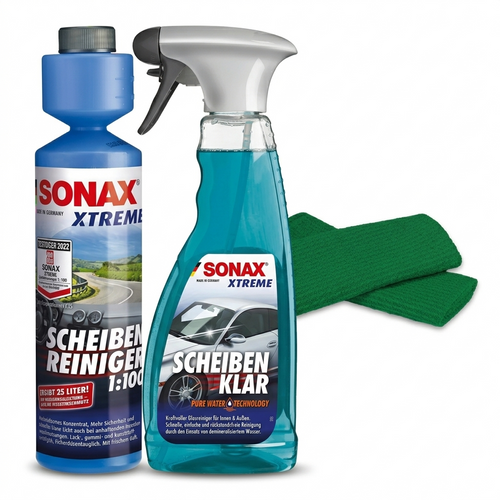 SONAX Sommer-Scheibenpflege-Set (Reiniger-Konzentrat 250ml + Scheibenpflege-Spray 500ml + 2x Microfasertücher)